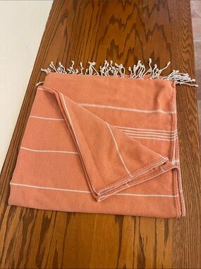 Bay Laurel peach Stripe Turkish Cotton Bath Towel with Fringe